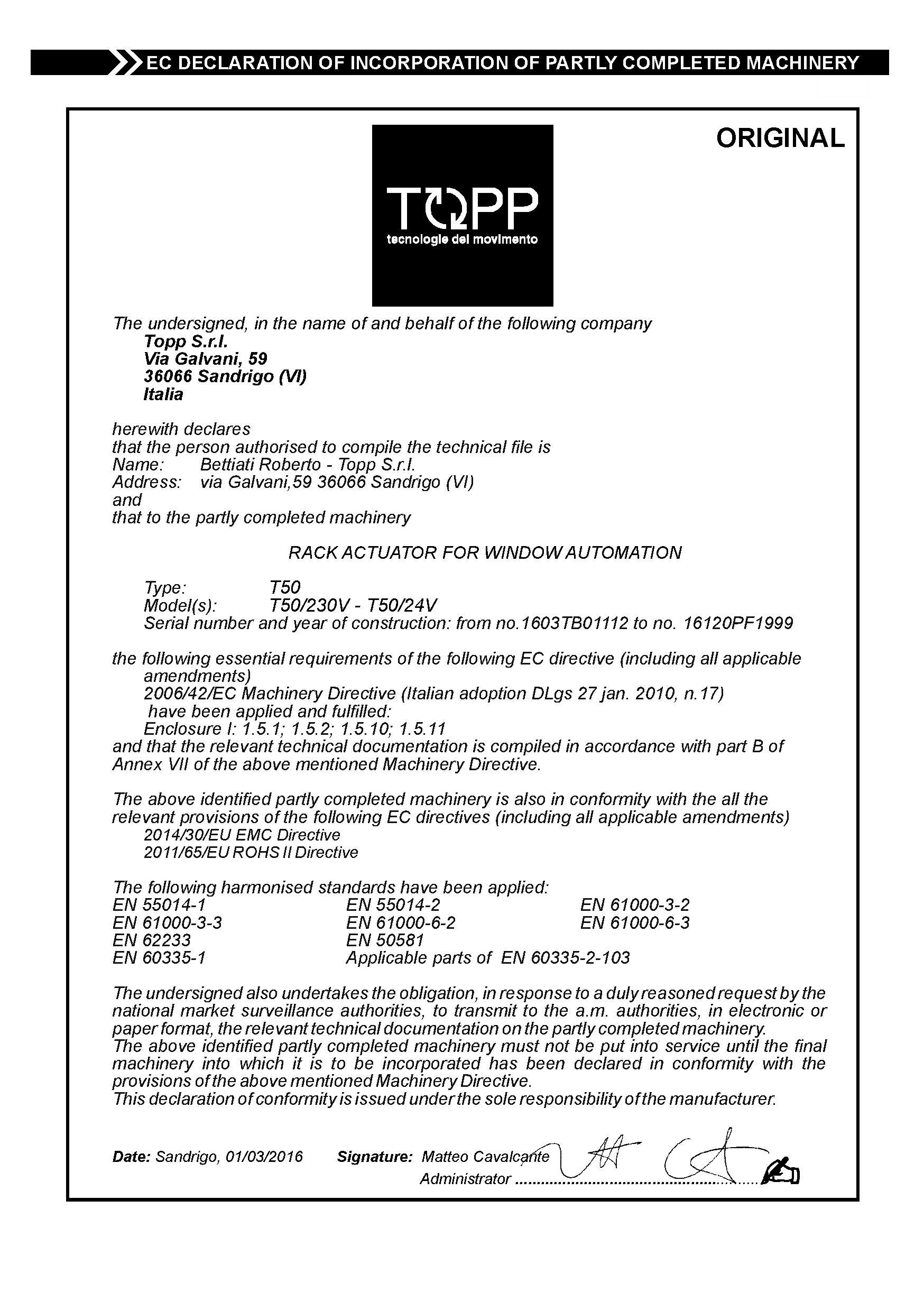 TOPP rack actuator T50 certifications